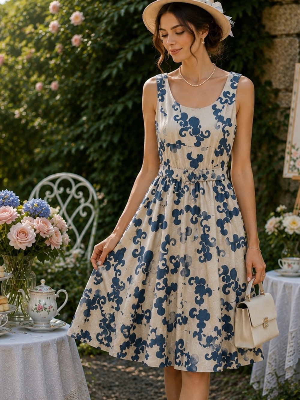 Linen Cotton Belted A Line Dress Blue Ivory Quiet Luxury Resort garden party M